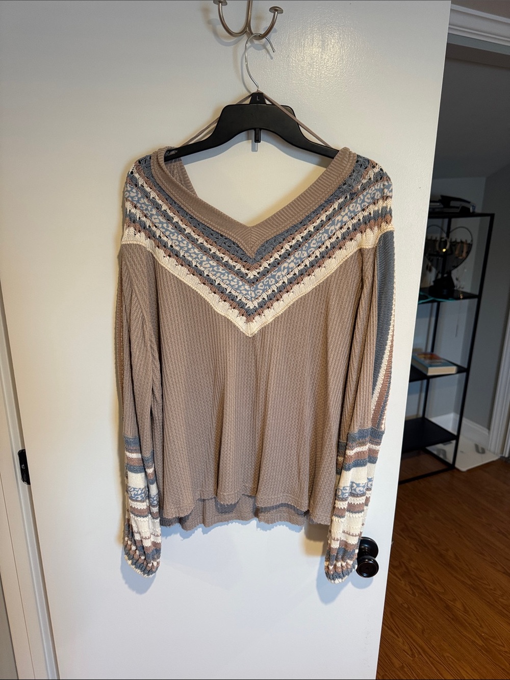 Free People Taupe V‑Neck Waffle Knit Sweater with Blue & Cream Patterned Yoke